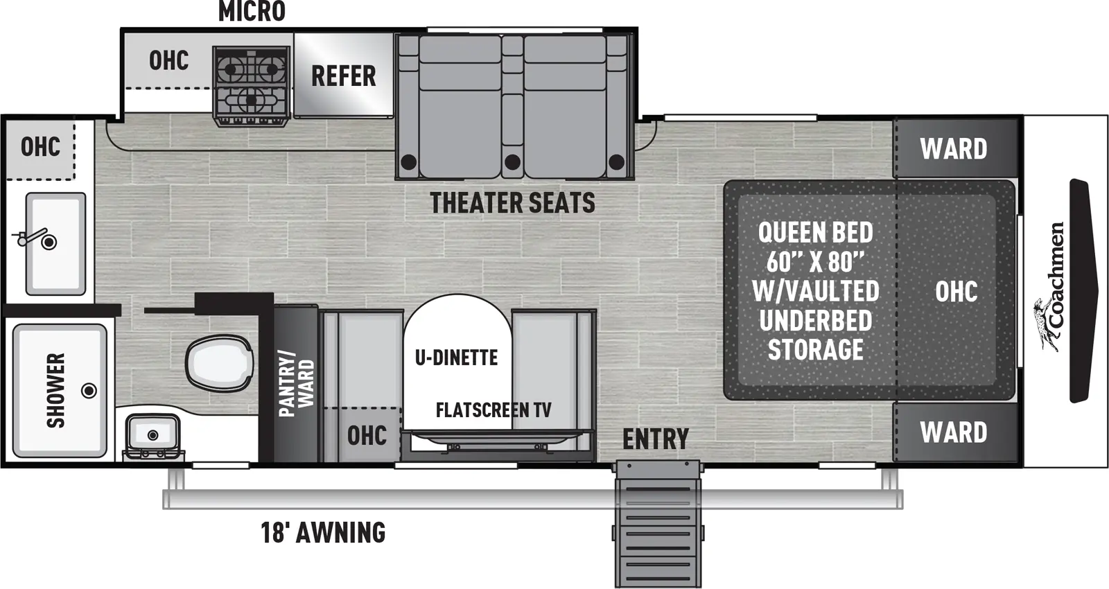 The Freedom Express Ultra Lite 22MLS has one entry and one slide out. Exterior features include: fiberglass exterior and 18' awning. Interiors features include: u-dinette and front bedroom.